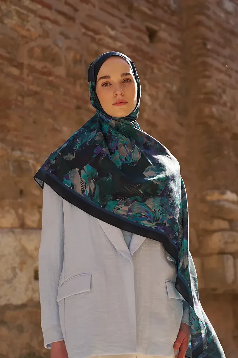 ED scarf / Sunrise Çiçek Desen Şal - Lacivert