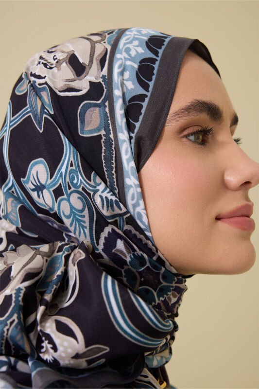 İmannoor Gül Sarmaşık Floş Viskon Şal Petrol Siyah